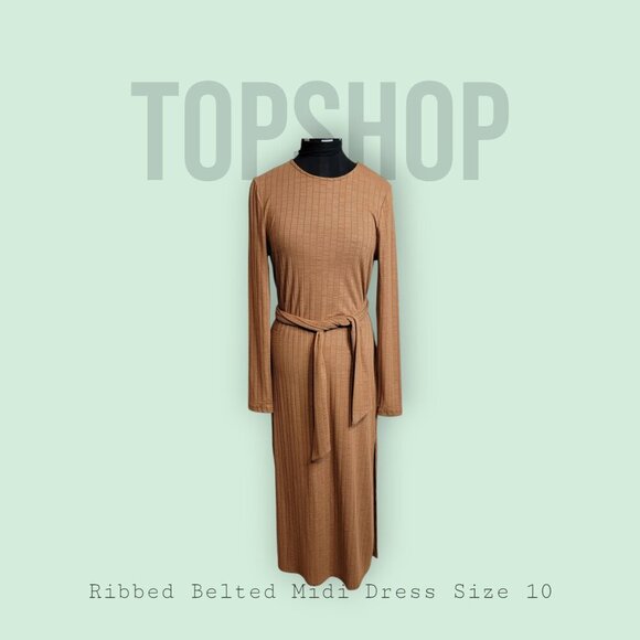 Topshop Tan Ribbed Long Sleeve Midi Dress with Waist Tie | Size 10 - Picture 1 of 12